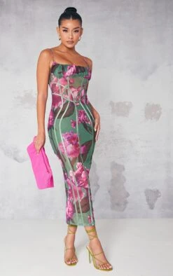 Prettylittlething Green Floral Print Mesh Binding Detail Midaxi Dress