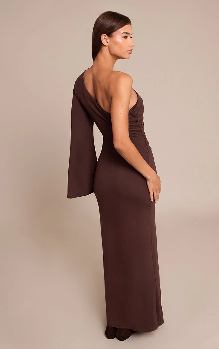 Prettylittlething Chocolate Jersey One Shoulder Ruched Detail Maxi Dress - Image 2