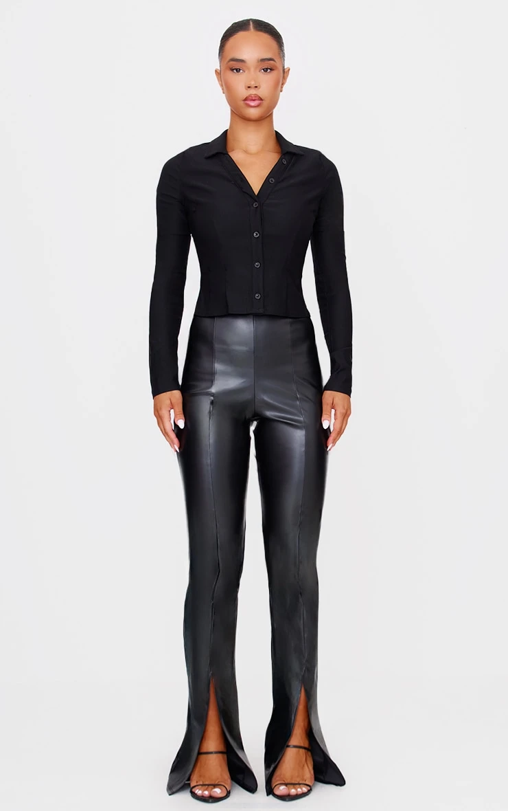 Prettylittlething Black Faux Leather Seam Detail Split Hem Pants 2 Prettylittlething Black Faux Leather Seam Detail Split Hem Pants - Image 2