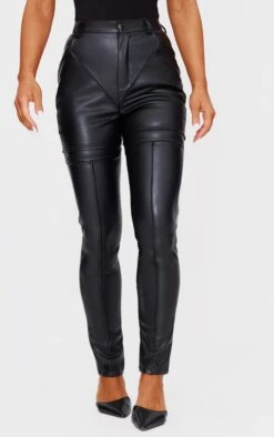 Prettylittlething Black Faux Leather Contrast Panels Skinny Pants