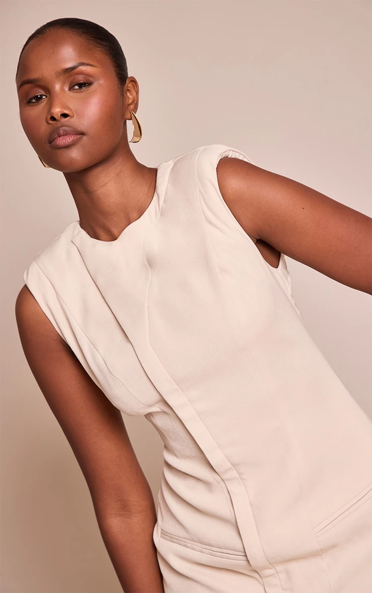 Prettylittlething Woven Cream Seam Detail Mini Dress 4 Prettylittlething Woven Cream Seam Detail Mini Dress - Image 4