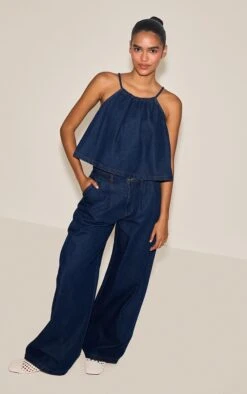 Prettylittlething Indigo Pleated Wide Leg Jeans