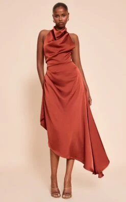 Rust Satin Cowl Neck Asymmetric Shift Dress