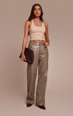 Prettylittlething Grey Faux Leather Straight Leg Pants