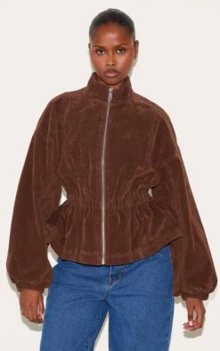 Prettylittlething Brown Cinched Waist Faux Suede Jacket