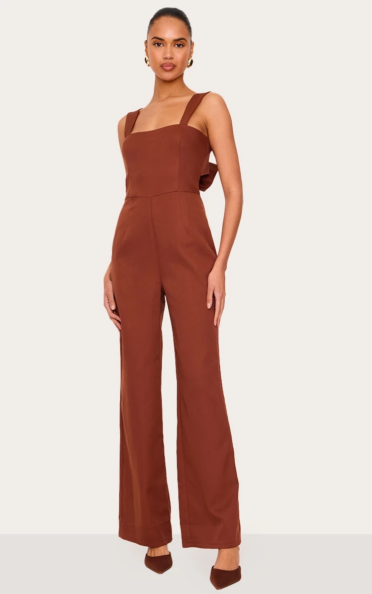 Prettylittlething Chocolate Woven Cut Out Bow Detail Jumpsuit 2 Prettylittlething Chocolate Woven Cut Out Bow Detail Jumpsuit - Image 2
