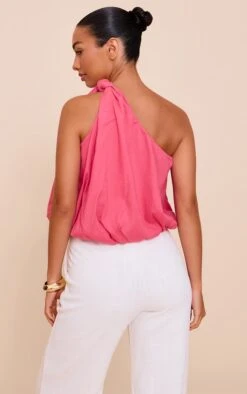 Prettylittlething Pink Stretch Woven Knot Detail One Shoulder Puffball Top -Pretty Little Thing Shop 2c9ca2c39fb4725ba4e16bd4ff6b459916b73ca1 CNN2301 2 pink stretch woven knot detail one shoulder puffball top
