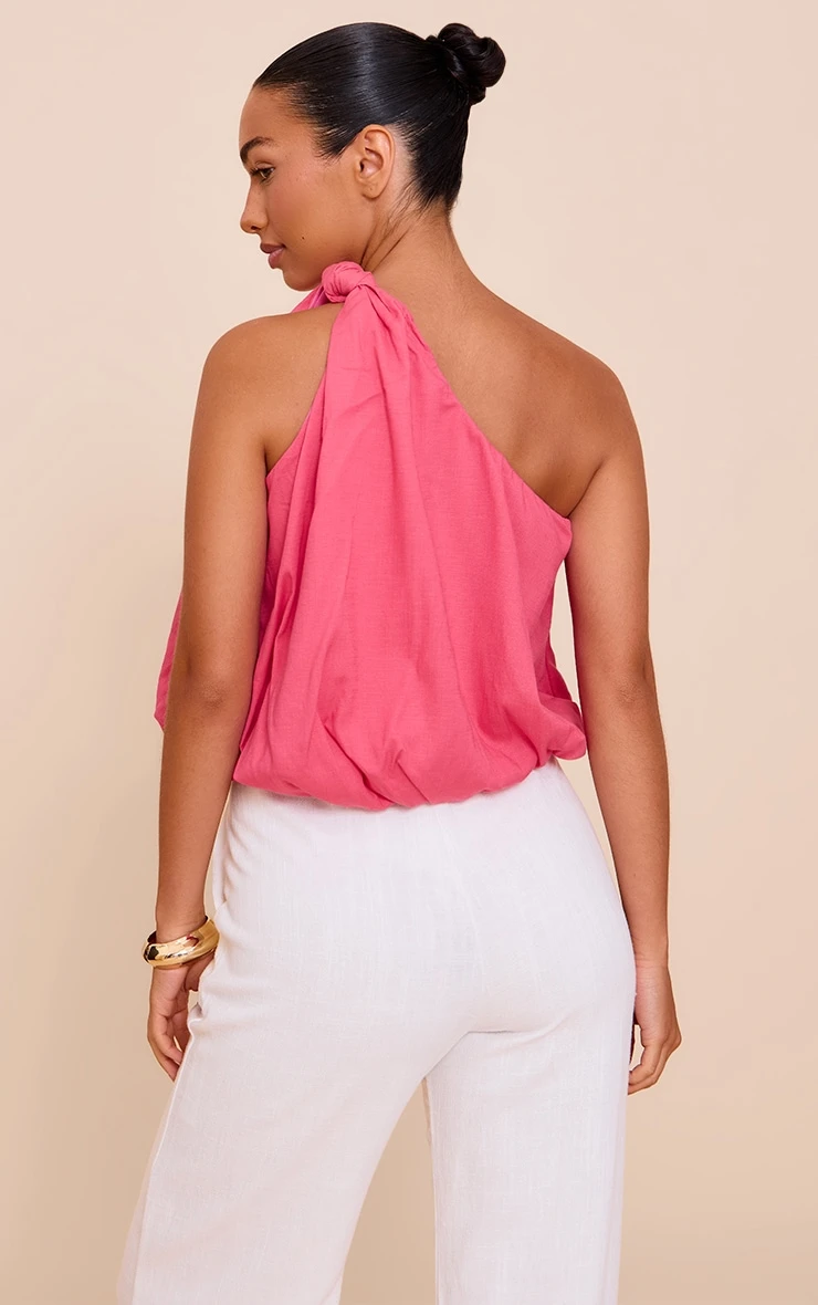 Prettylittlething Pink Stretch Woven Knot Detail One Shoulder Puffball Top - Image 2
