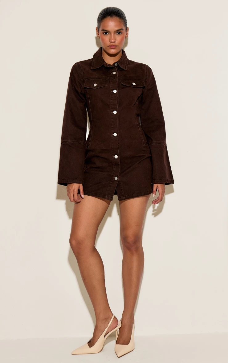 Prettylittlething Dark Chocolate Seam Detail Long Sleeve Denim Shirt Dress 4 Prettylittlething Dark Chocolate Seam Detail Long Sleeve Denim Shirt Dress - Image 4