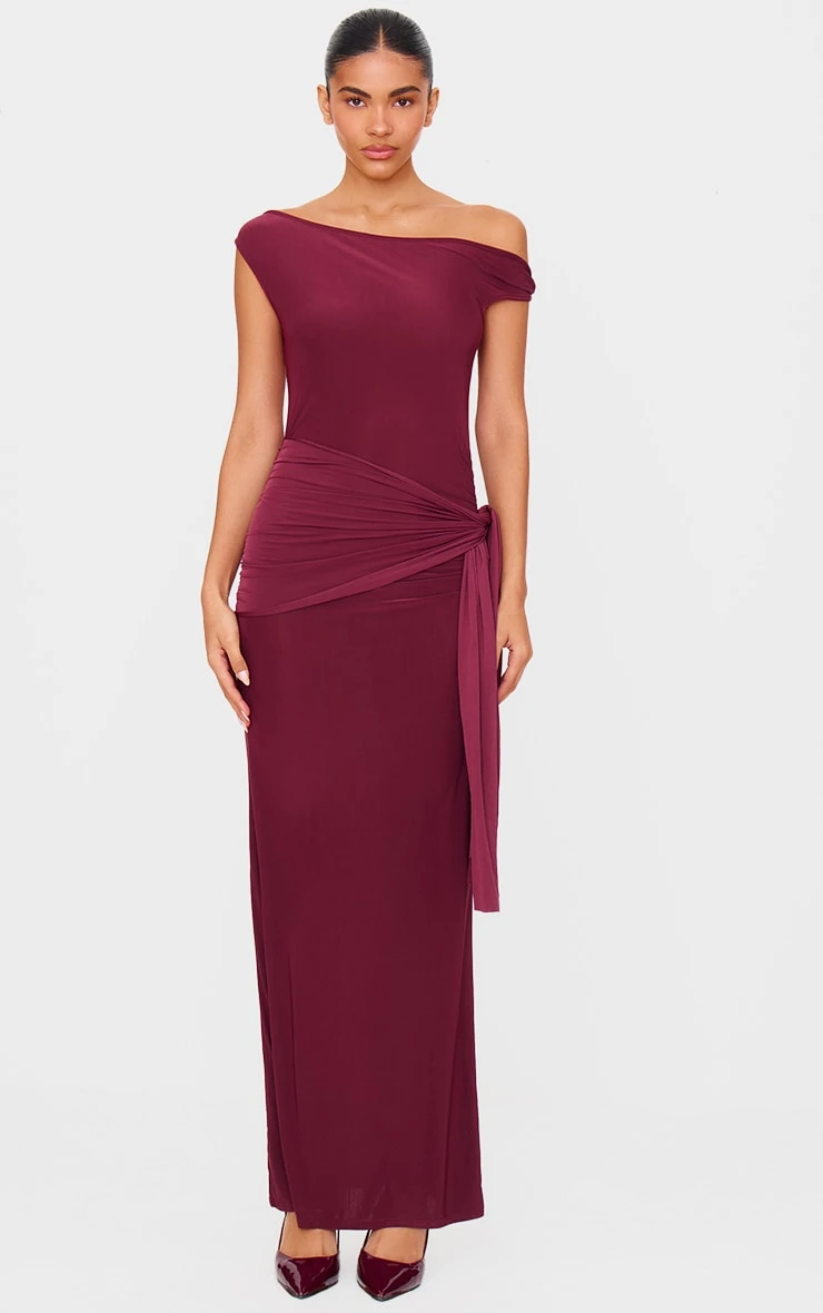 Prettylittlething Burgundy Slinky Off Shoulder Wrap Detail Maxi Dress 1 Prettylittlething Burgundy Slinky Off Shoulder Wrap Detail Maxi Dress