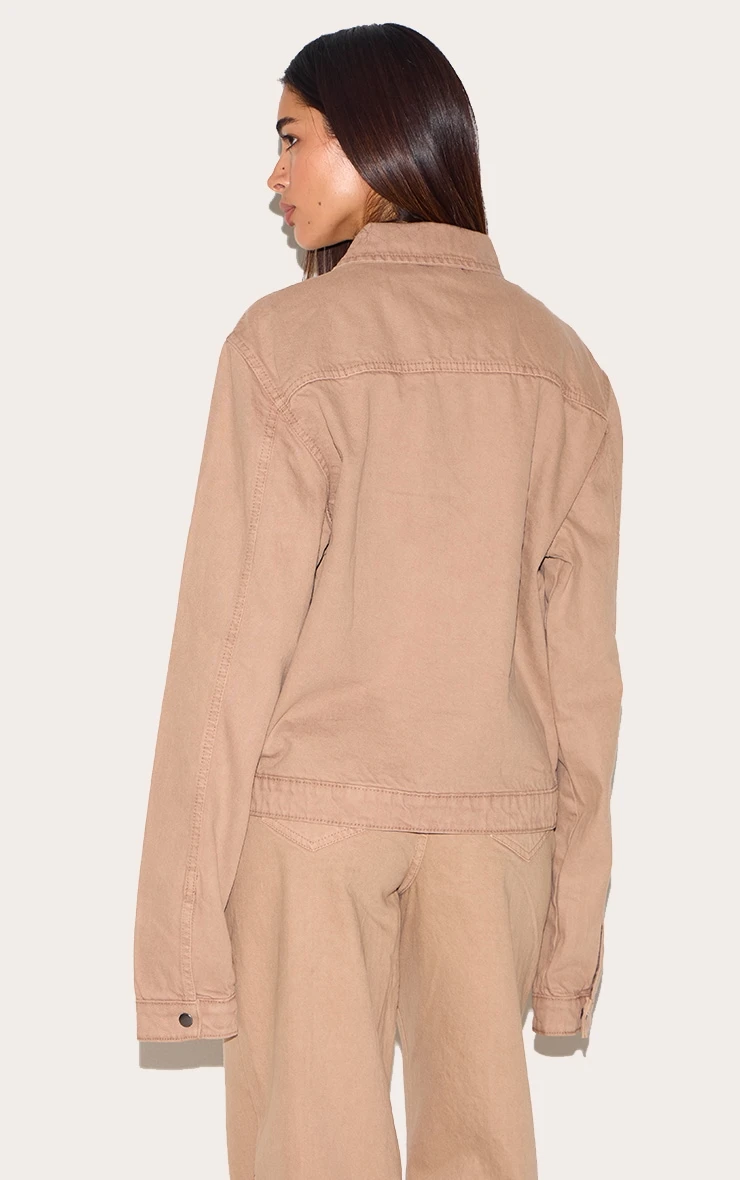 Prettylittlething Taupe Boxy Contrast Seam Carpenter Denim Jacket 2 Prettylittlething Taupe Boxy Contrast Seam Carpenter Denim Jacket - Image 2
