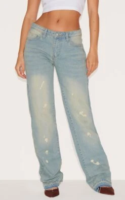 Prettylittlething Faded Vintage Wash Splattered Effect Straight Leg Jeans