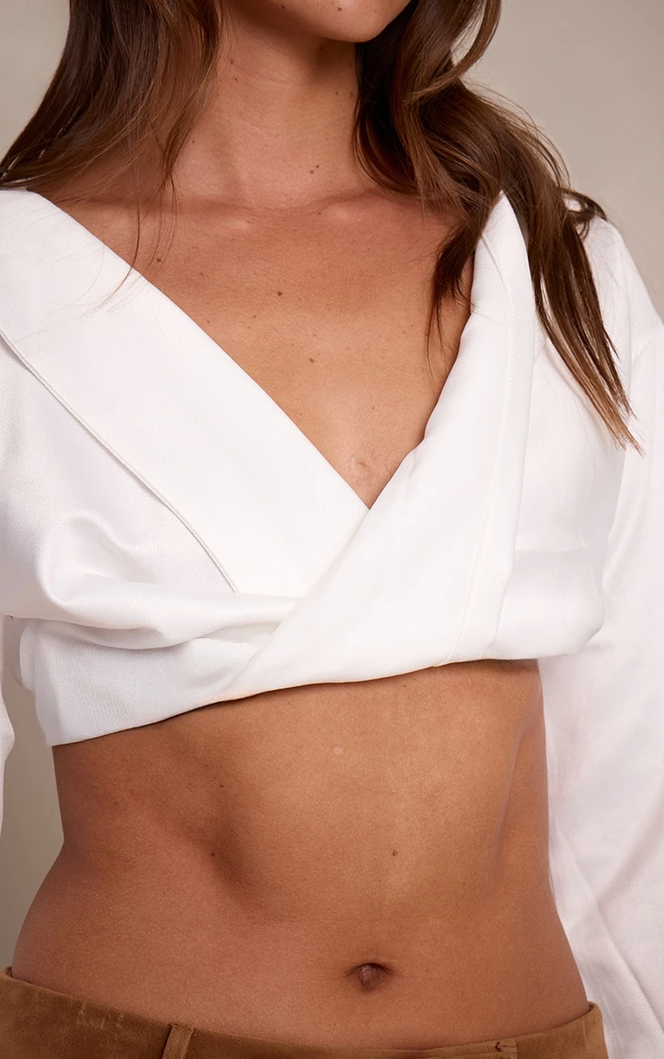 Prettylittlething White Satin Bardot Twist Front Crop Blouse 4 Prettylittlething White Satin Bardot Twist Front Crop Blouse - Image 4