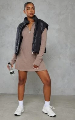 Prettylittlething Mocha Rib High Neck Half Zip Oversized Sweater Dress -Pretty Little Thing Shop 2d98b6cd12f780ec91ca192f6601b8a8ab2ac6fc cna3032 3