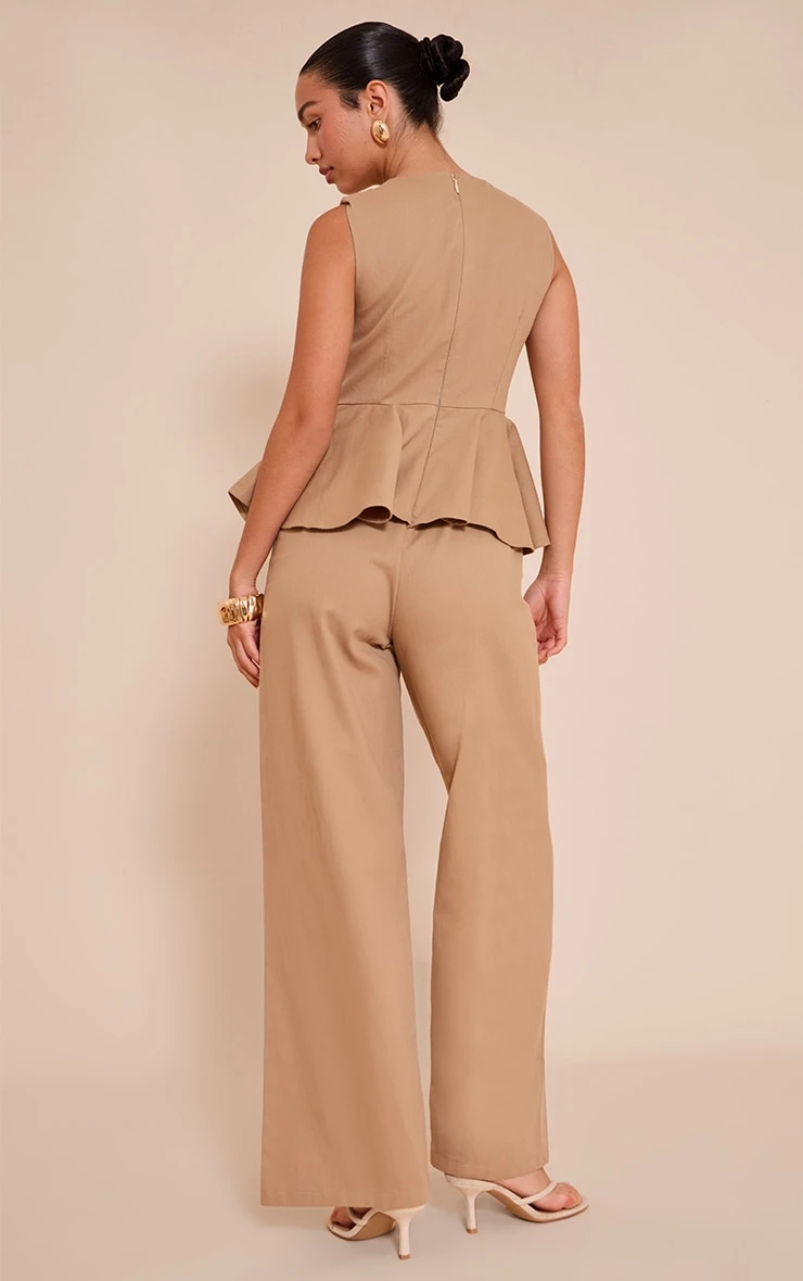 Prettylittlething Mocha Cotton Peplum Detail Wide Leg Jumpsuit 2 Prettylittlething Mocha Cotton Peplum Detail Wide Leg Jumpsuit - Image 2