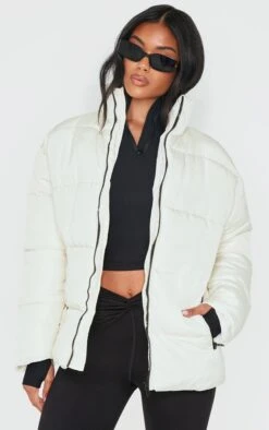 PRETTYLITTLETHING Off White Panelled High Neck Puffer Coat