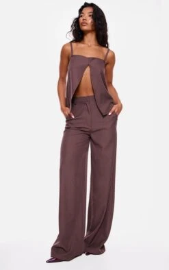 Prettylittlething Chocolate Woven Straight Leg Pants