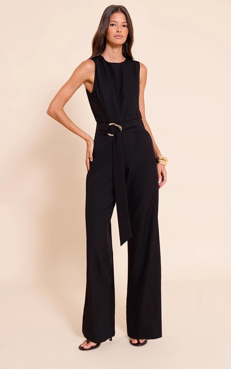 Black Woven Crew Neck Belt Wide Leg Jumpsuit - Image 3
