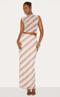 Prettylittlething Brown Sheer Striped Chiffon Maxi Skirt
