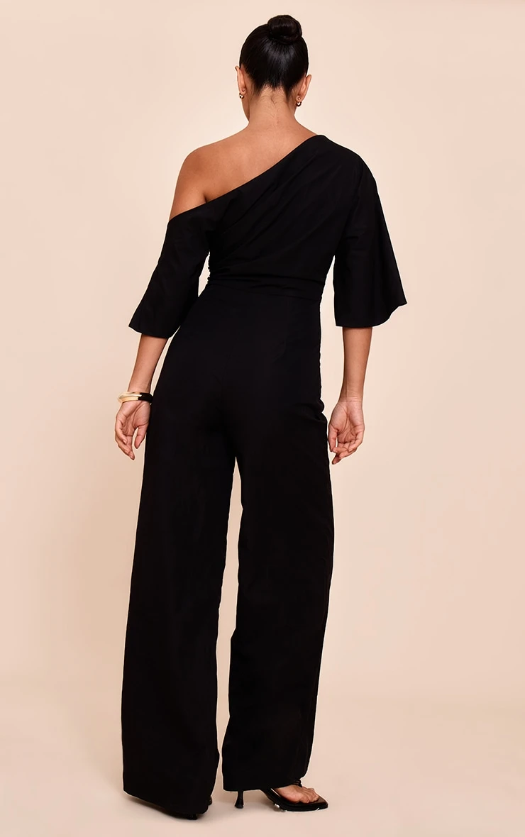 Prettylittlething Black Woven Asymmetric Short Sleeve Wide Leg Jumpsuit - Image 2