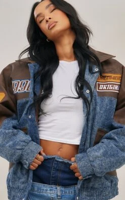 Mid Blue Wash Denim Faux Leather Mix Badge Detail Bomber Jacket -Pretty Little Thing Shop 2ecd6d4db2a06ceadd1b8ca3cad9faa591ef0bdf cnf4304 4