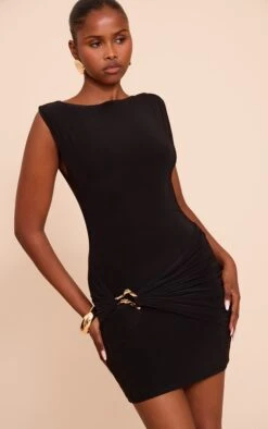 Prettylittlething Black Slinky Ruched Trim Detail Mini Dress