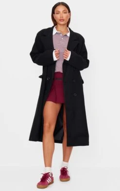 Prettylittlething Black Double Breasted Wool Look Overcoat