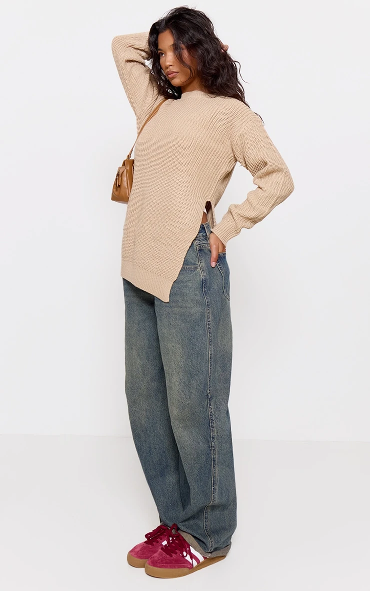 Prettylittlething Stone Round Neck Side Split Sweater 3 Prettylittlething Stone Round Neck Side Split Sweater - Image 3