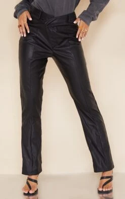 Prettylittlething Black Faux Leather V Front Straight Leg Pants