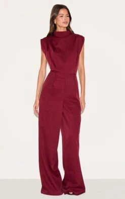 Prettylittlething Dark Plum Woven Cap Sleeve Flare Jumpsuit