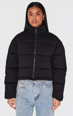 Prettylittlething Black Knit Jersey Cropped Padded Jacket
