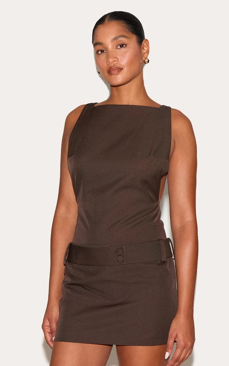 Prettylittlething Deep Chocolate Belt Detail Shift Dress 1 Prettylittlething Deep Chocolate Belt Detail Shift Dress