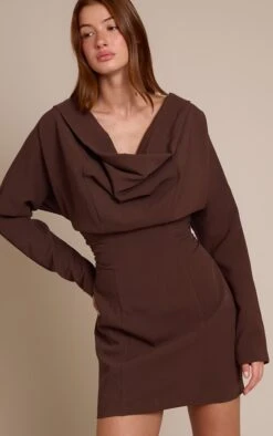 Prettylittlething Chocolate Woven Cowl Neck Tailored Dress -Pretty Little Thing Shop 30cedcca92bf68568db71050896a85a41e42337a CNO6106 4 chocolate woven cowl neck tailored dress