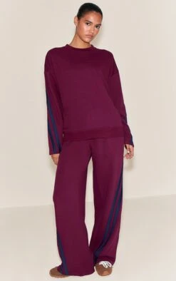 Burgundy Contrast Striped Wide Leg Sweatpants
