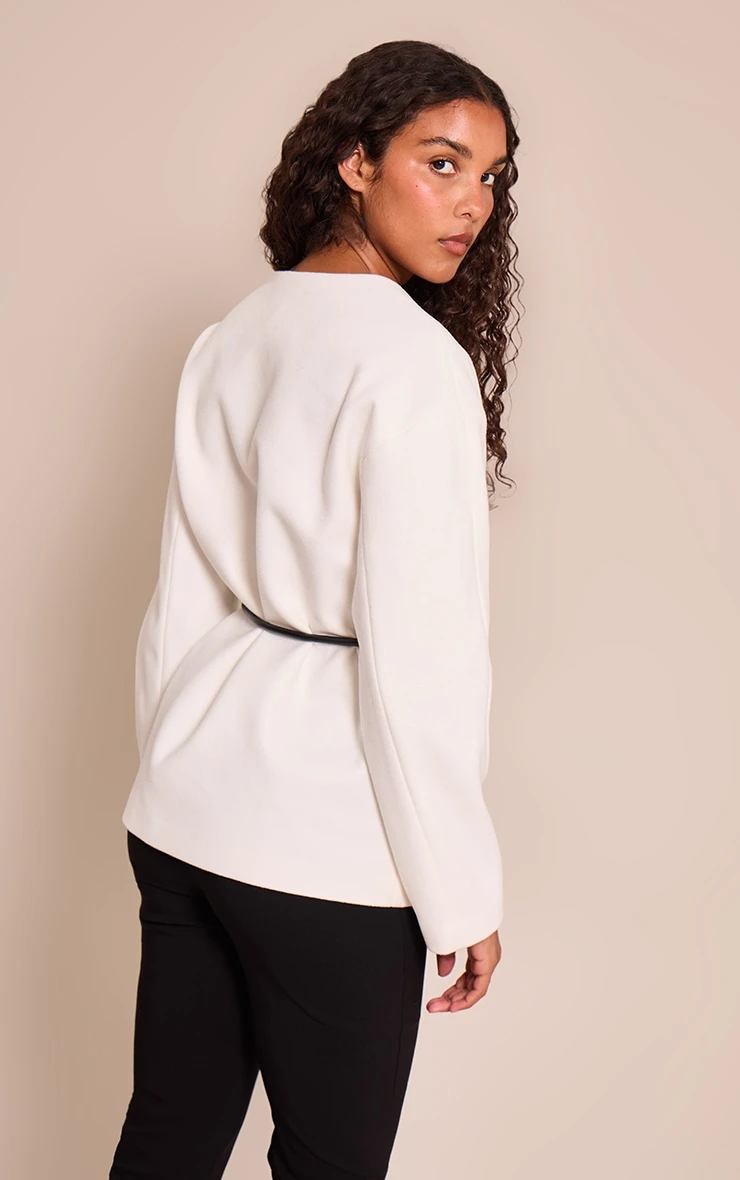 Prettylittlething Ecru Collarless Wrap Style Tie Waist Wool Look Coat - Image 2