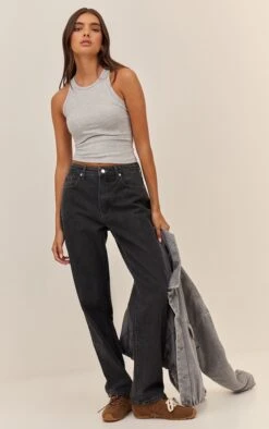 Prettylittlething Grey High Waist Boyfriend Jeans