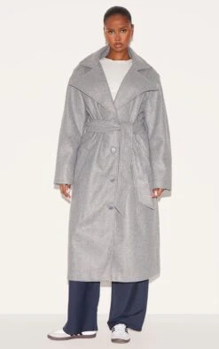 Prettylittlething Grey Oversized Wool Look Trench Coat -Pretty Little Thing Shop 31aeae18280b8a7d802af4a7a04db43487fc852a CNL5172 3 grey oversized wool look trench