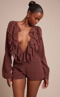 Prettylittlething Chocolate Frill Detail V Neck Romper