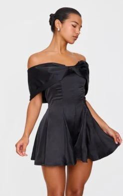 Prettylittlething Premium Black Satin Extreme Bow Detail Romper