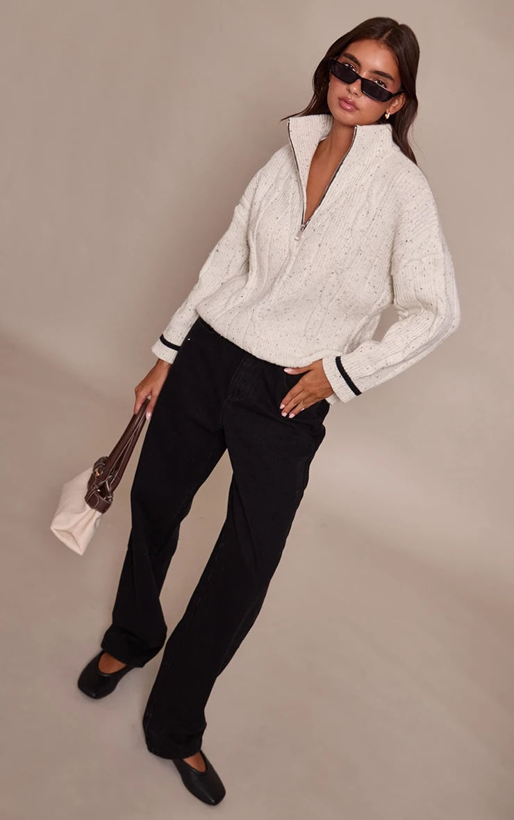 Light Grey Zip Detail Cable Knit Oversized Sweater 3 Light Grey Zip Detail Cable Knit Oversized Sweater - Image 3