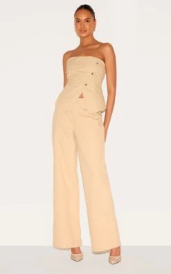 Prettylittlething Stone Twill Popper Detail Wide Leg Pants