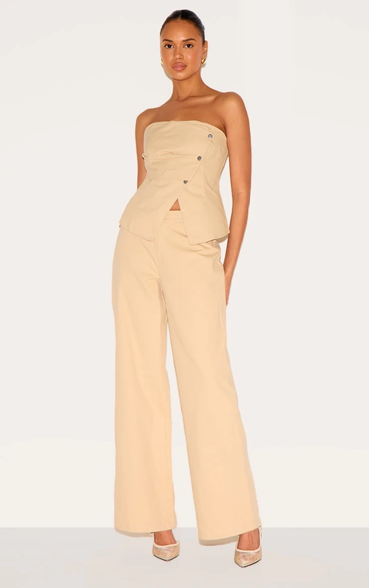 Prettylittlething Stone Twill Popper Detail Wide Leg Pants 1 Prettylittlething Stone Twill Popper Detail Wide Leg Pants