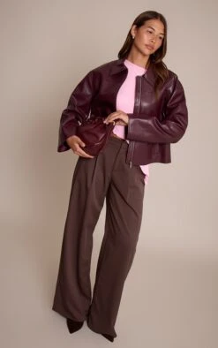 Prettylittlething Burgundy Zip Through Pu Jacket