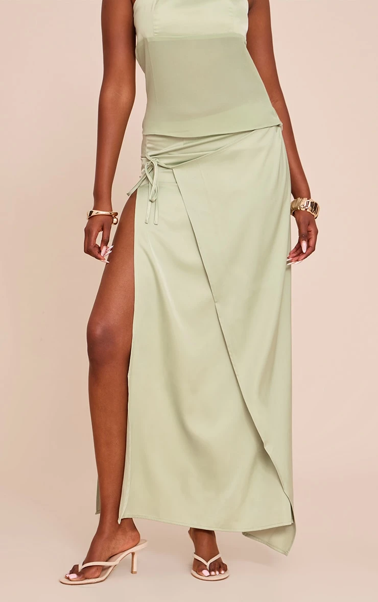 Prettylittlething Sage Satin Wrap Maxi Skirt 2 Prettylittlething Sage Satin Wrap Maxi Skirt - Image 2