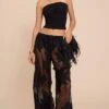 Prettylittlething Black Textured Flower Detail Wide Leg Pants