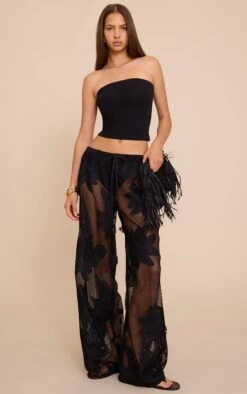 Prettylittlething Black Textured Flower Detail Wide Leg Pants