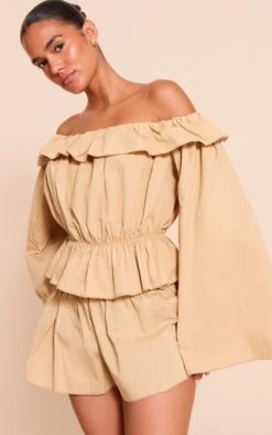 Prettylittlething Stone Cotton Woven Floaty Mini Shorts