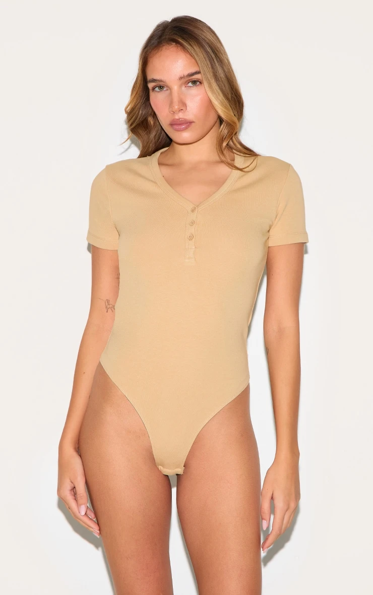 Prettylittlething Stone Premium Interlock Button Down Short Sleeve Bodysuit 2 Prettylittlething Stone Premium Interlock Button Down Short Sleeve Bodysuit - Image 2