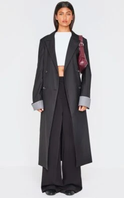 Prettylittlething Black Tailoring Trim Trench Coat