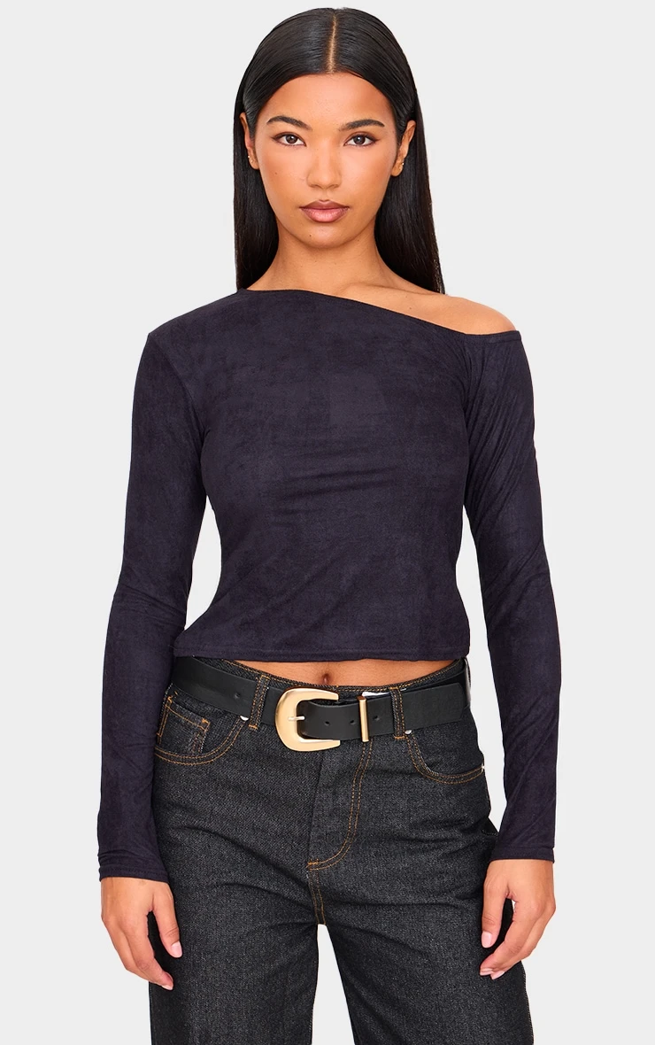 Prettylittlething Black Faux Suede Asymmetric Neck Long Sleeve Top 1 Prettylittlething Black Faux Suede Asymmetric Neck Long Sleeve Top